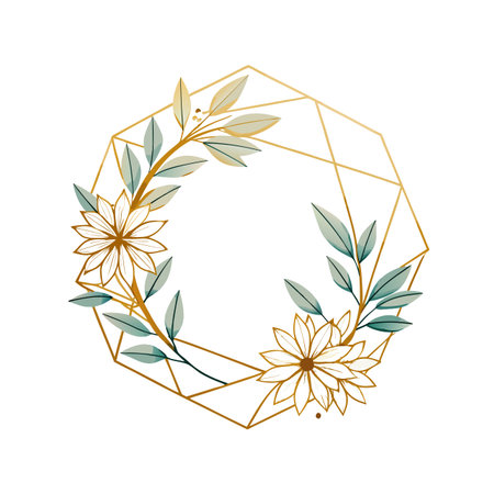 Elegant floral frame with gold geometric border and soft green leaves for wedding invitationsのイラスト素材