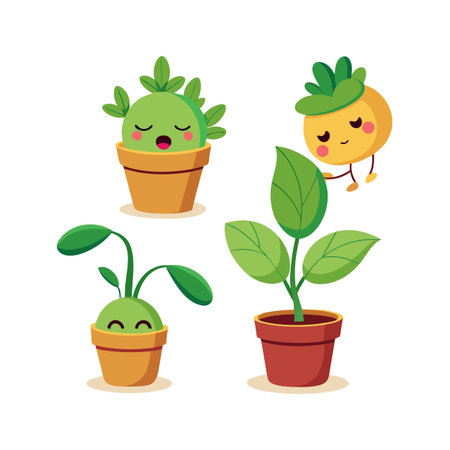 Cheerful potted plants vector illustration showing growth, nature and home gardening conceptのイラスト素材