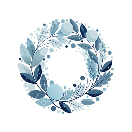 Blue Botanical Wreath Illustration with Leaves and Berries for Wedding and Celebration Designsのイラスト素材