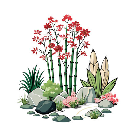 Stylized Bamboo Garden with Red Flowers, Rocks, and Foliage in a Whimsical Illustrationのイラスト素材