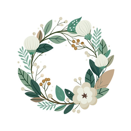 Elegant Floral Wreath with Cream Flowers and Green Foliage on White Backgroundのイラスト素材
