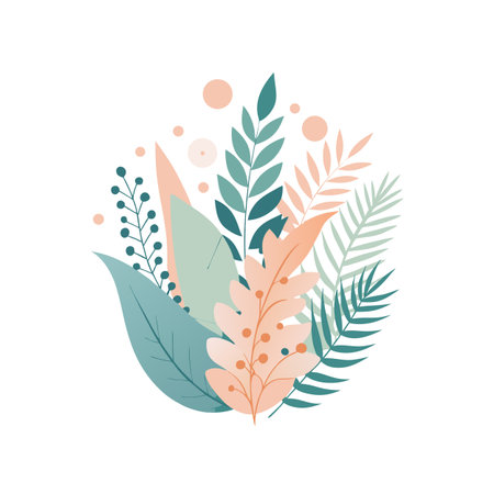 Minimalist Tropical Leaves and Berries Illustration in Teal, Peach and Mint Tones on White Backgroundのイラスト素材
