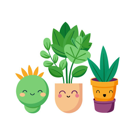 Whimsical collection of happy potted plants arranged against a clean white background, vibrant and playful.のイラスト素材
