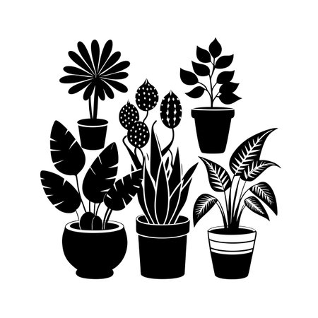Black and white vector illustration of various potted houseplants and flowers, home decor elementsのイラスト素材
