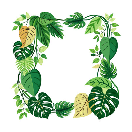 Tropical Leaves Frame: Decorative Square Border with Monstera and Philodendron Plantsのイラスト素材