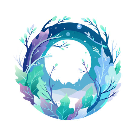 Circular winter landscape illustration with trees, leaves and mountains in various shades of blueのイラスト素材
