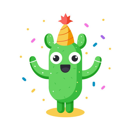 Cartoon Cactus Character Celebrating with Confetti and Wearing a Party Hat for a Festive Occasionのイラスト素材