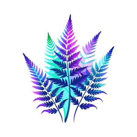 Vibrant overlapping fern fronds in shades of purple, blue, green, and teal on a white background.のイラスト素材