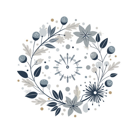 Elegant Floral Wreath with Delicate Leaves and Berries in Muted Blue and Gray Tonesのイラスト素材