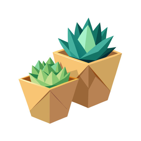Two stylized succulents in geometric pots, isolated on a white background, minimalist designのイラスト素材