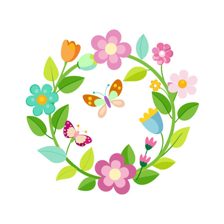 Colorful Floral Wreath with Butterflies for Spring and Summer Designsのイラスト素材