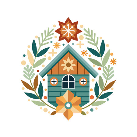 Decorative vector illustration of a house with floral elements in geometric shapesのイラスト素材