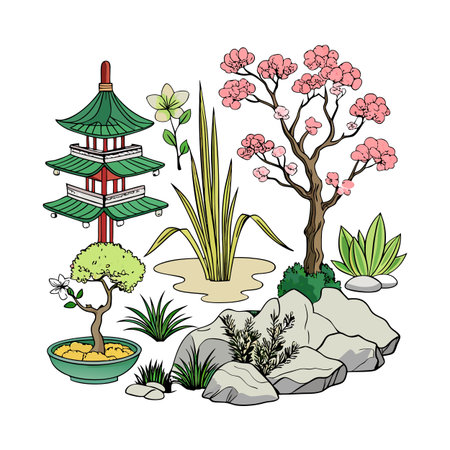 Zen Garden with Pagoda, Bonsai, Pond, Cherry Blossoms, and Rocks in Cartoon Styleのイラスト素材