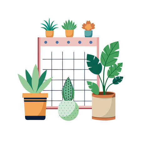 Calendar with Houseplants Arranged in Front, Illustrative Flat Style Image on White Backgroundのイラスト素材