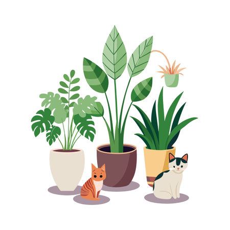 Indoor Potted Plants with Cats Sitting Nearby in a Flat Vector Style Illustrationのイラスト素材