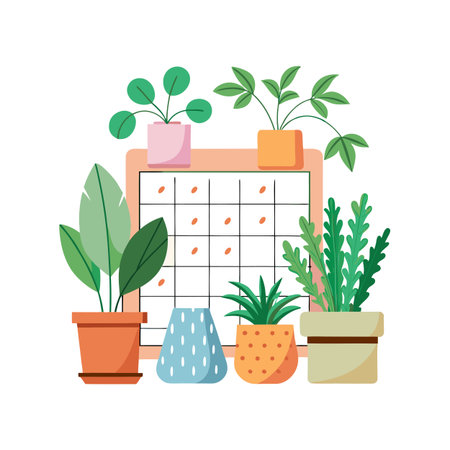 Flat vector illustration of various potted plants arranged around a calendar, against a white backgroundのイラスト素材