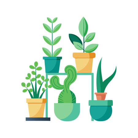Minimalist potted plants illustration on tiered shelves, perfect for interior design projectsのイラスト素材
