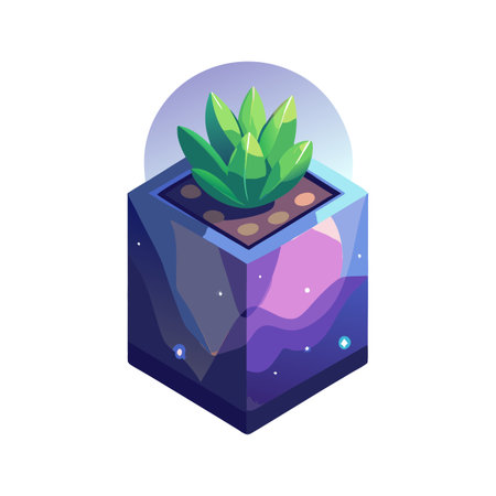 Isometric succulent plant in a geometric cube planter with celestial design on white backdropのイラスト素材