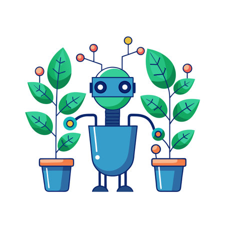Robot Caring for Plants Illustration, Depicting Technology and Nature, Clean Designのイラスト素材