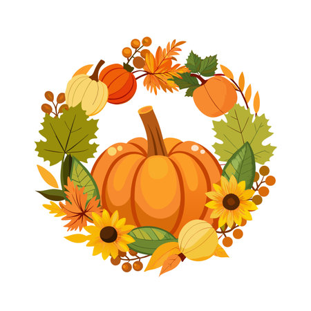 Autumn Harvest Wreath with Pumpkins, Leaves, and Sunflowers on a White Backgroundのイラスト素材