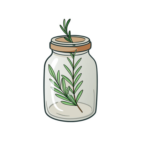 Rosemary Sprigs in Clear Glass Jar on White Background - Culinary Herb Illustrationのイラスト素材