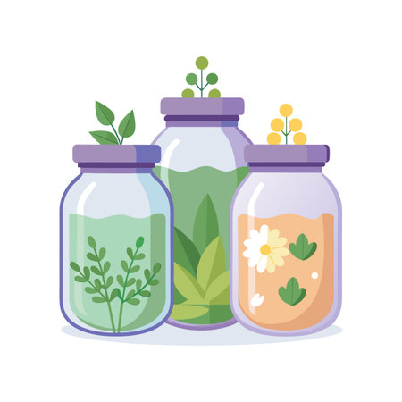 Three glass jars with lids filled with plant life arranged on a white backgroundのイラスト素材