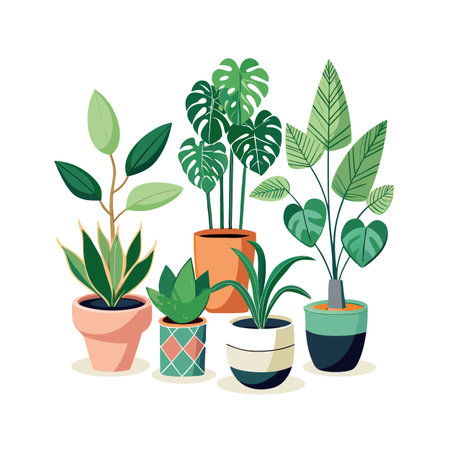 Assortment of potted houseplants in various decorative planters against a white backdropのイラスト素材