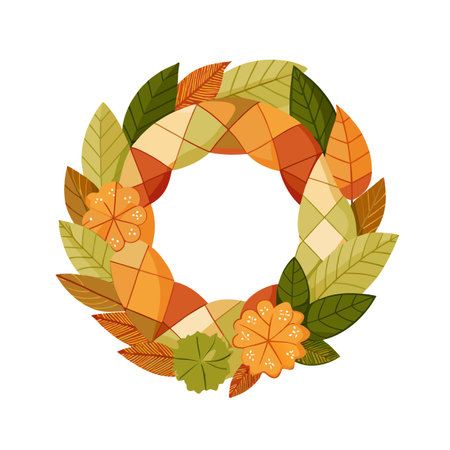 Autumn Wreath Illustration with Decorative Leaves and Flowers in Warm Fall Colorsのイラスト素材