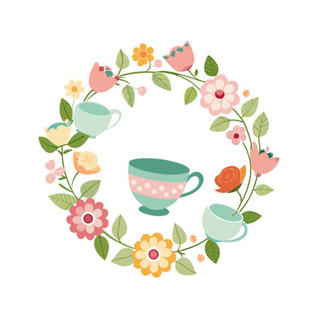 Delicate Floral Wreath with Teacups in Pastel Colors on White Backgroundのイラスト素材