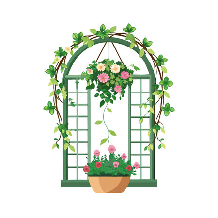 Elegant window box with cascading flowers and vines, bringing nature indoors with a touch of romanceのイラスト素材