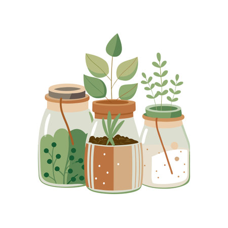 Illustration of Three Jars with Different Plants in Pastel Color Palette on White Backgroundのイラスト素材