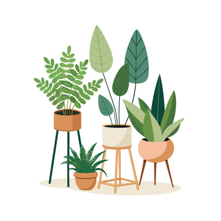 Collection of House Plants in Pots on Stands in Clean Flat Styleのイラスト素材