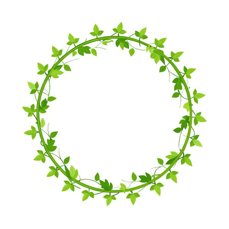 Elegant Green Leaf Circle Frame with Vine Accents on White Backgroundのイラスト素材