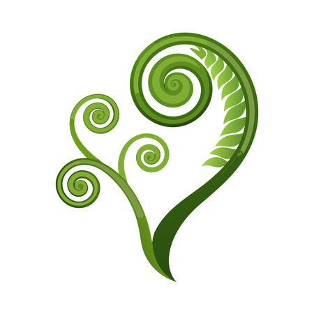 Stylized green fern frond illustration with gradient effect and spiral details on white backgroundのイラスト素材