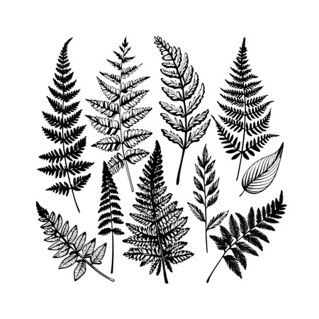 Fern Fronds in Black and White: A Botanical Illustration Collectionのイラスト素材