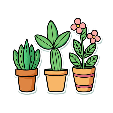 Cartoon illustration of three potted plants including cactus, succulent and flowering plantのイラスト素材