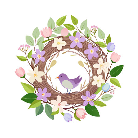Spring Floral Wreath with Bird Nest and Bird on a White Backgroundのイラスト素材