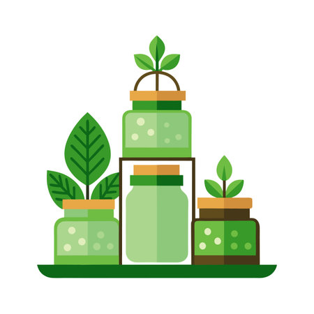 Minimalist Illustration of Plants Growing in Jars, Depicting Growth and Sustainabilityのイラスト素材