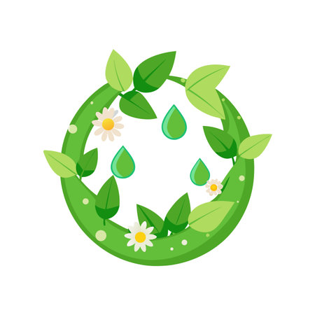 Eco-Friendly Circle with Leaves, Water Drops, and Flowers Symbolizing Nature and Sustainabilityのイラスト素材