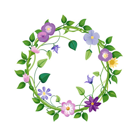 Floral Wreath Illustration with Purple, Yellow and Pink Flowers on Vines and Green Leavesのイラスト素材
