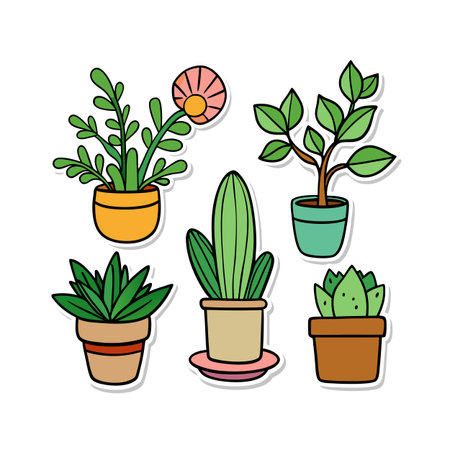 Collection of stylized potted plants with vibrant colors, featuring a flower and various succulentsのイラスト素材