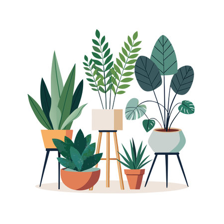 Group of assorted house plants in pots on stands minimalist flat vector illustrationのイラスト素材