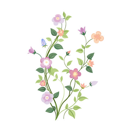 Floral vector illustration of light pastel flowers with winding vines on a white backgroundのイラスト素材