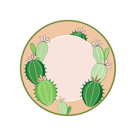 Cactus Circle Frame Vector Illustration with Green Plants and Flowers in Flat Designのイラスト素材