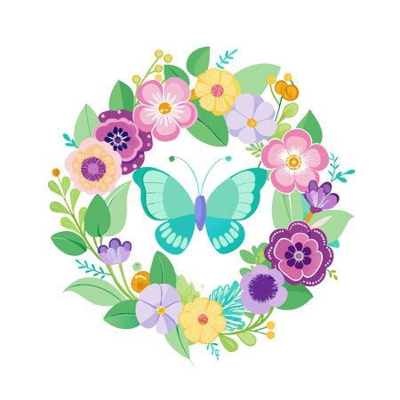 Floral Wreath with Butterfly: A Vibrant Springtime Graphic for Various Creative Projectsのイラスト素材