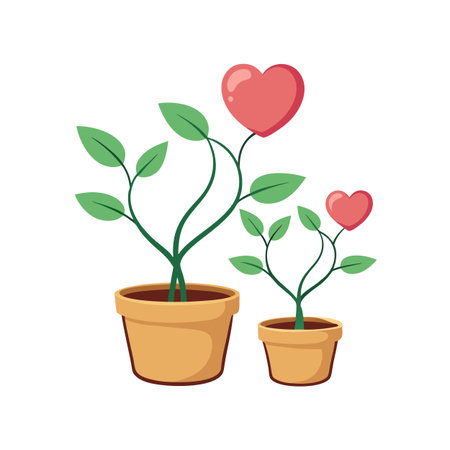 Two potted heart plants symbolizing growth of love and relationship success, with flat designのイラスト素材