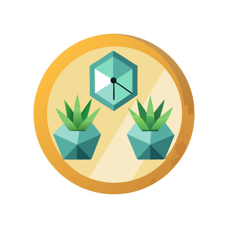 Geometric indoor plants and hexagon clock icon for interior design and time management conceptsのイラスト素材