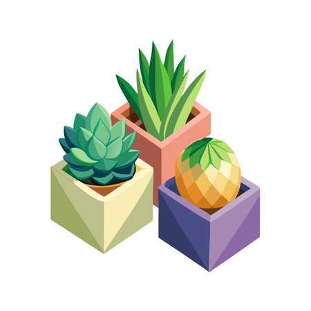 Stylized Potted Succulents Grouping, Isometric Arrangement on White Backdropのイラスト素材