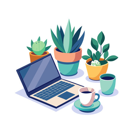 Isometric workspace setup featuring a laptop, coffee, and potted plants for a productive work environmentのイラスト素材