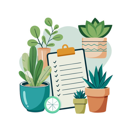 Illustration of houseplants in pots with a checklist, suitable for blog or websiteのイラスト素材